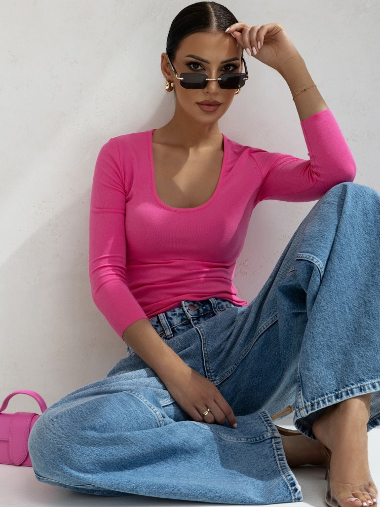 Fitted long sleeve T-shirt for women with plunging neckline Lune London