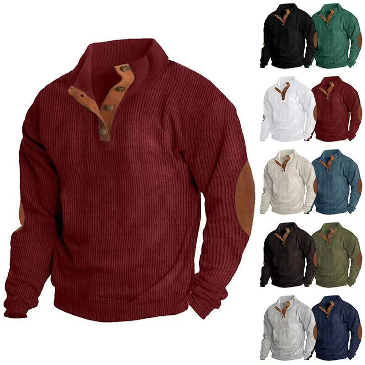 Trendy knitted sweater for men with button placket and leather applications Lune London