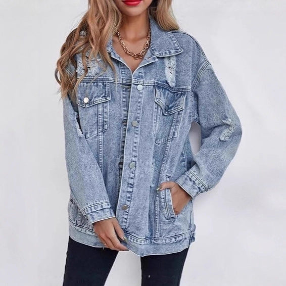 Veste en jean surdimensionnée pour femmes avec des détails déchirés à la mode Chic & Stil