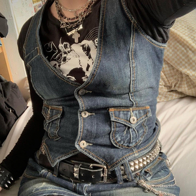 Women's denim bustier jacket with nostalgic lace insert and decorative button details Lune London