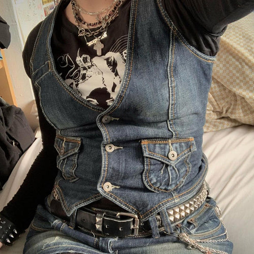 Women's denim bustier jacket with nostalgic lace insert and decorative button details Lune London