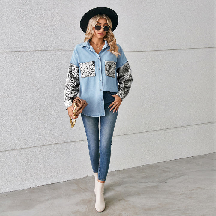 Casual denim jacket for women with contrasting animal print sleeves Lune London