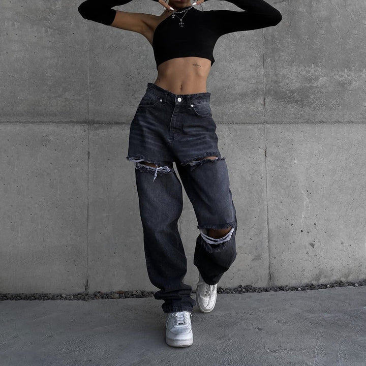 Marlene jeans for women with asymmetrical cut and distressed details Lune London