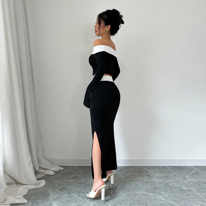 Chic & Stil Women's Off-Shoulder Crop Top and Maxi Skirt Set