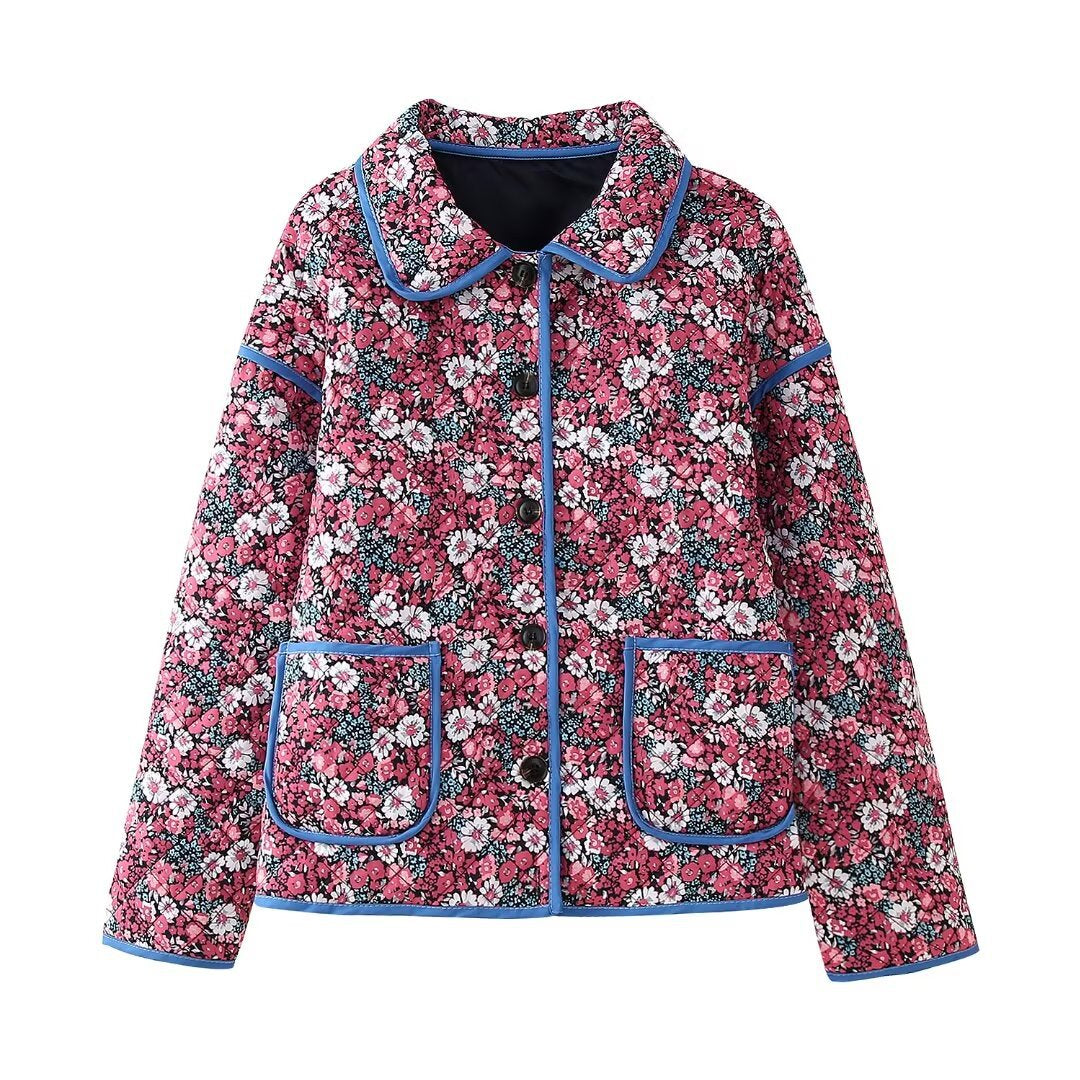 Quilted floral jacket for women with modern collar and practical pockets Lune London