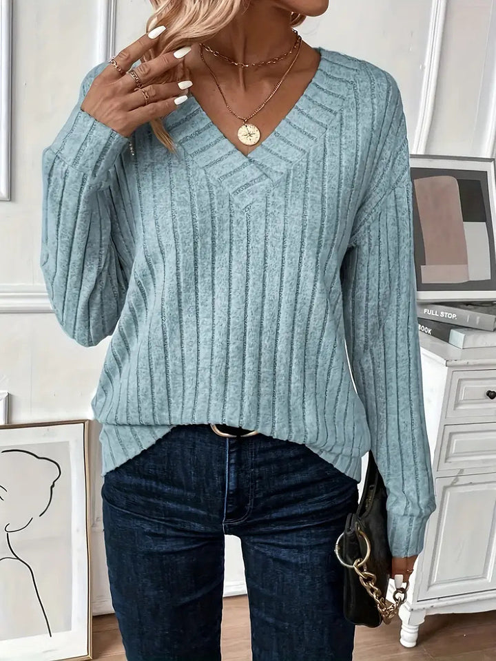 Ladies Elegant V-neck Sweater and Knit with Ribbed Design Lune London