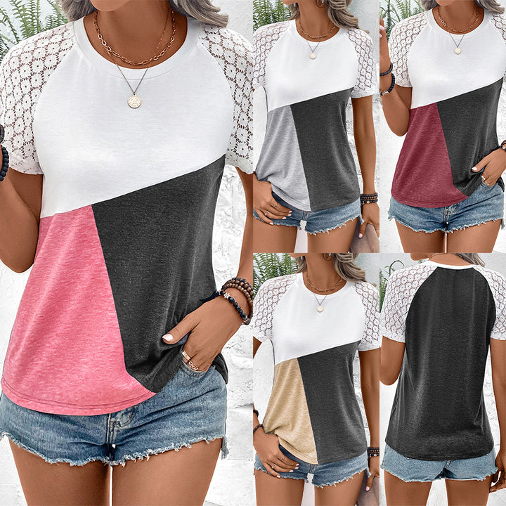 Trendy women's T-shirt with lace sleeves and chic color block design