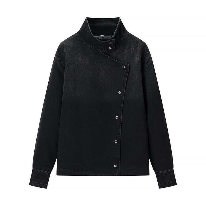 Veste en denim moderne pour femmes avec col asymétrique et boutons-pression pratiques Chic & Stil