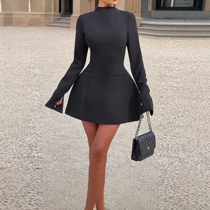 Ladies Elegant Mini Dress with High Collar and Chic Long Sleeves
