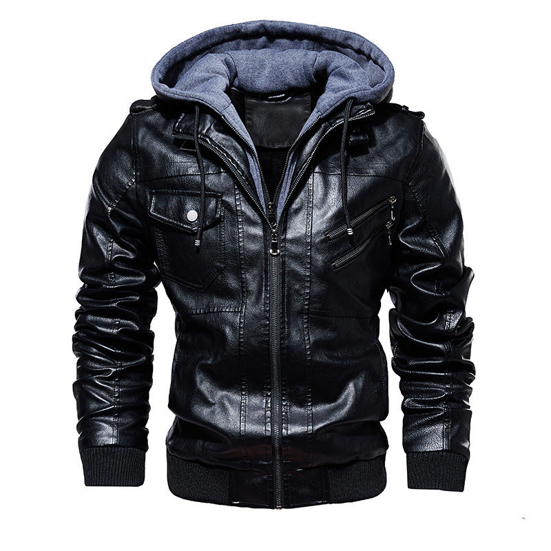 Casual synthetic leather jacket for men with removable hood and multiple pockets Lune London