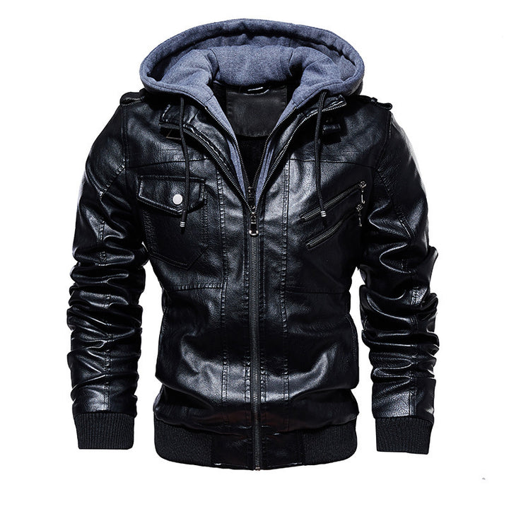 Casual synthetic leather jacket for men with removable hood and multiple pockets Lune London