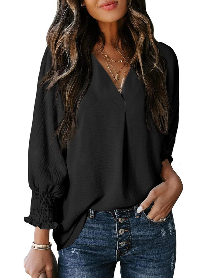 Women's V-Neck Blouse with Casual Balloon Sleeves and Ruffle Details Chic und Stil