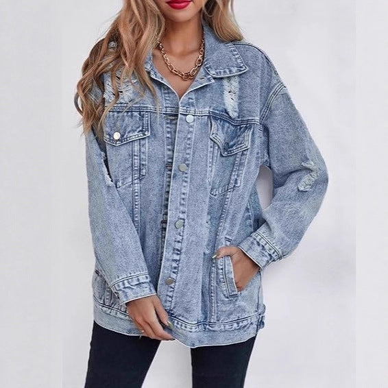 Veste en jean surdimensionnée pour femmes avec des détails déchirés à la mode Chic & Stil