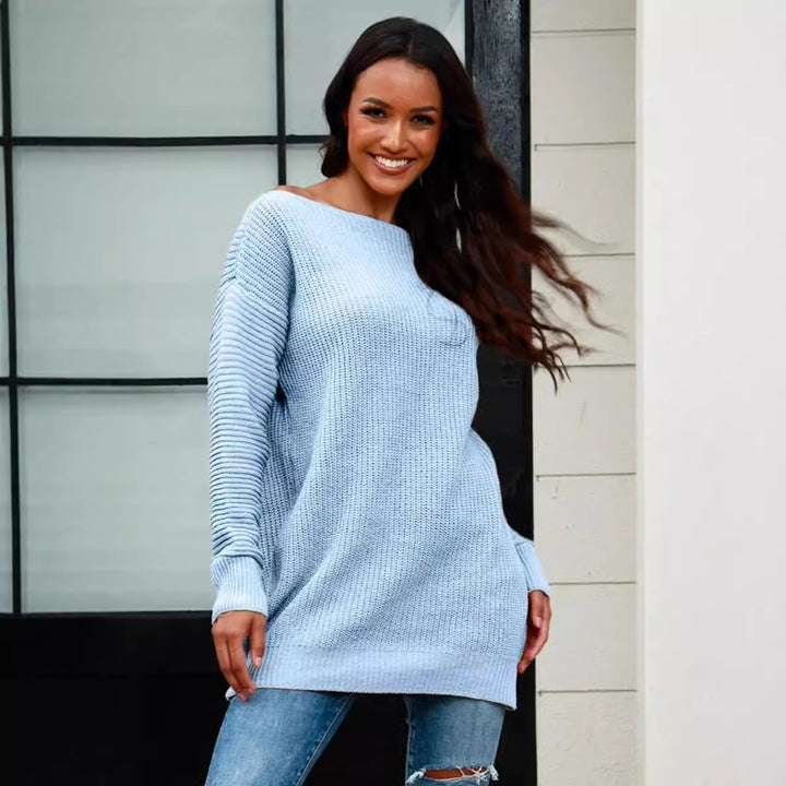 Casual knitted sweater for women with wide neckline and ribbed structure Lune London