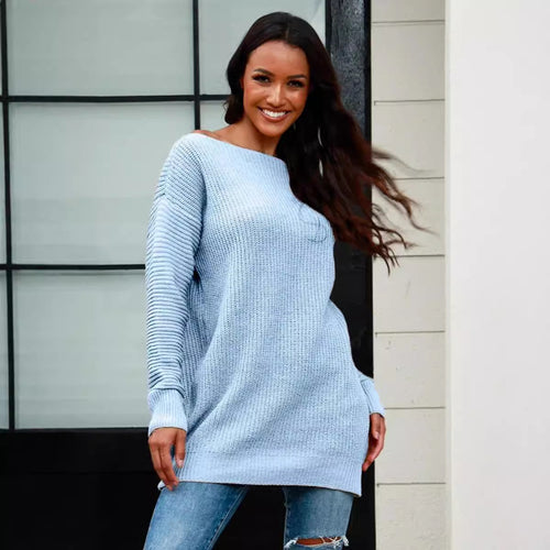 Casual knitted sweater for women with wide neckline and ribbed structure Lune London