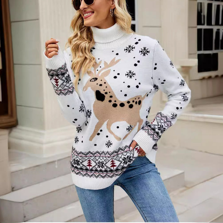 Women's winter sweater with reindeer pattern and high collar Lune London