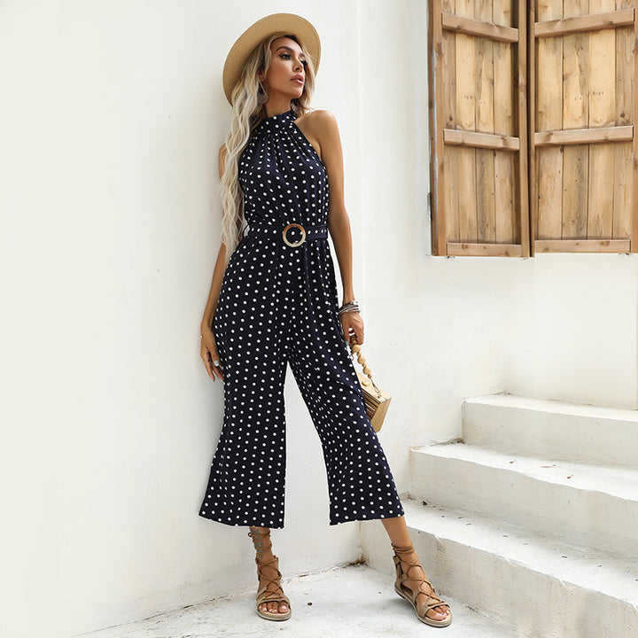 Ladies elegant polka dot jumpsuit with belt waist Lune London