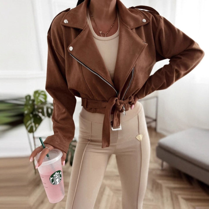 Veste de motard en simili cuir élégante et moderne pour femmes avec ceinture Chic & Stil