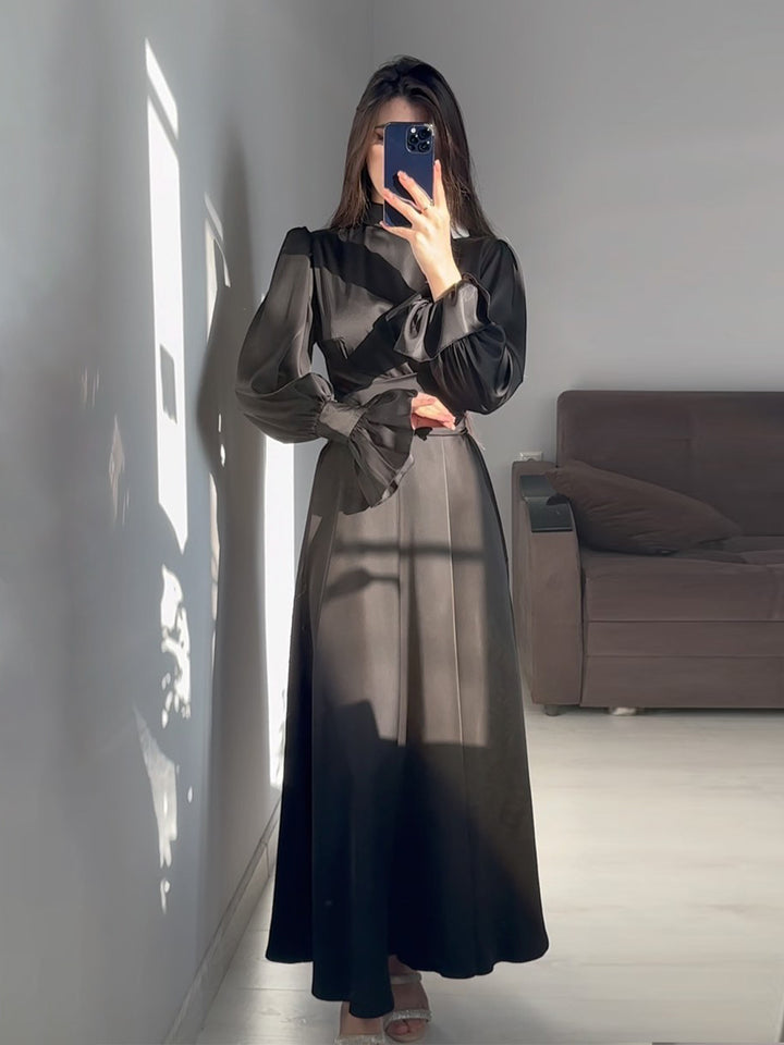 Women Elegant Maxi Dress with Voluminous Puff Sleeves and High-Quality Satin Surface Lune London