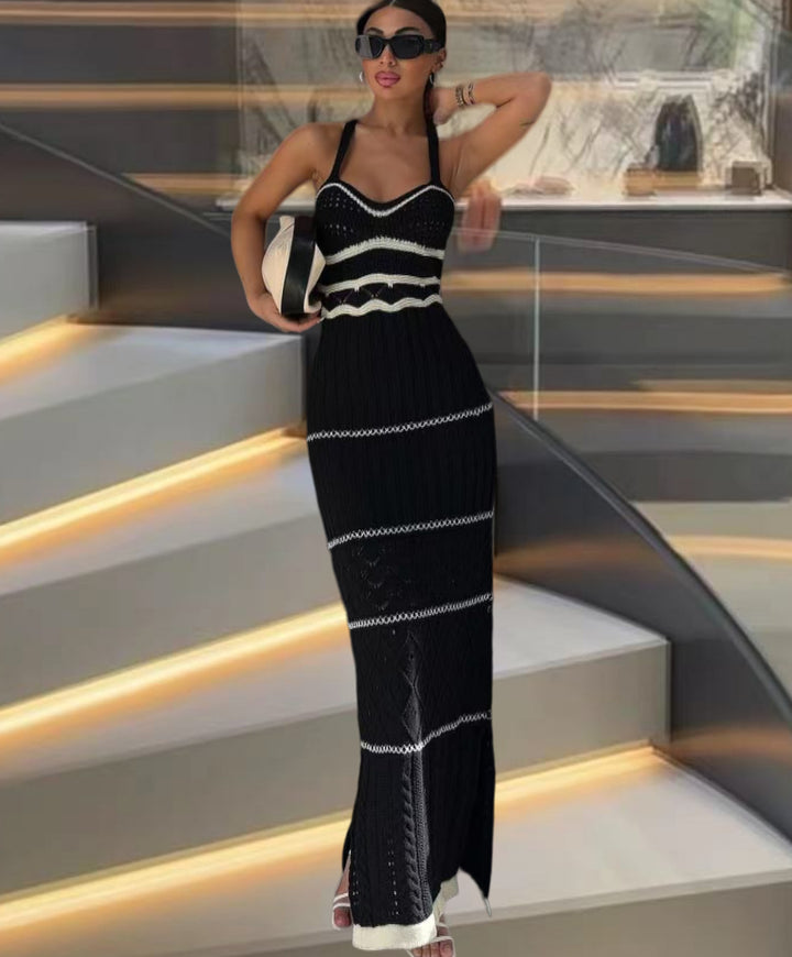 Maxi dress in knit for women with refined crochet patterns and side slit Lune London