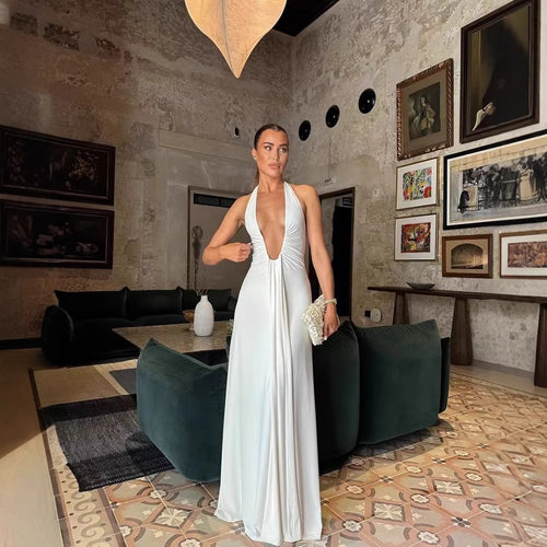 Maxi dress for women with deep V-neck and elegant design with ruffles Lune London