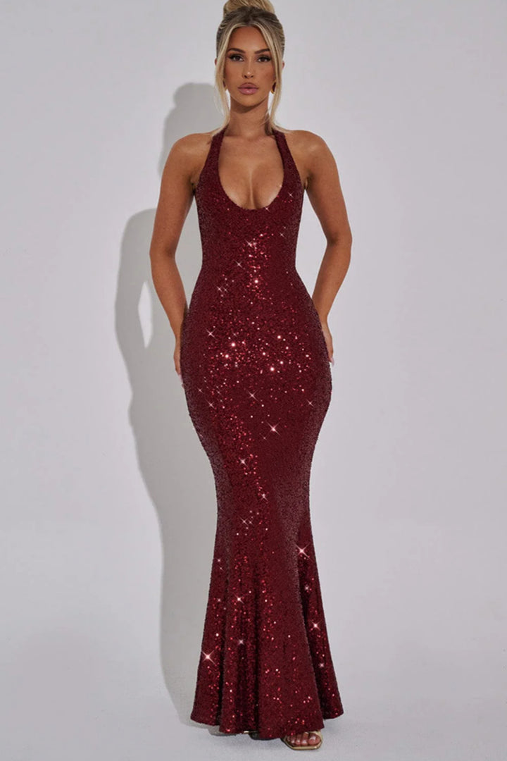Women's Glamorous Sequin Maxi Dress with Deep V-Neck and Slim Fit Lune London