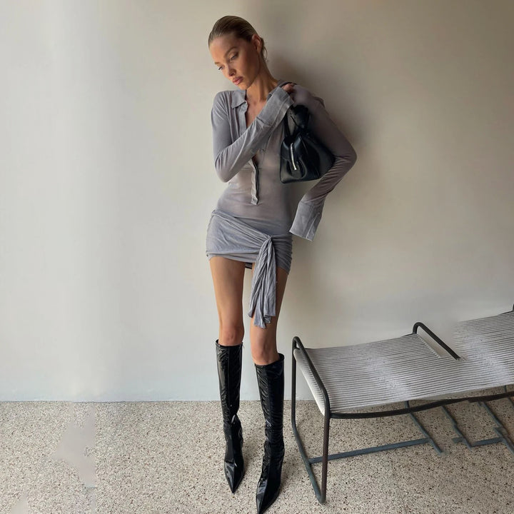 Chic wrap dress for women with long sleeves and minimalist button placket Lune London
