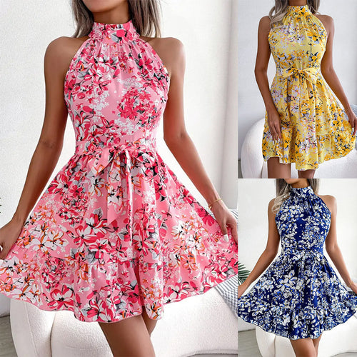 Summer dress for women with an elegant high collar and a playful floral pattern Lune London