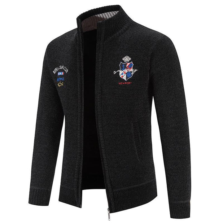 Trendy knitted jacket for men with high collar and detailed embroidery Lune London