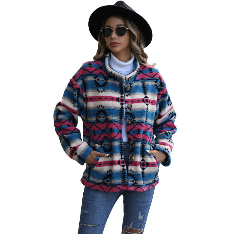Women's polar jacket in boho style with unique geometric pattern and large buttons Lune London