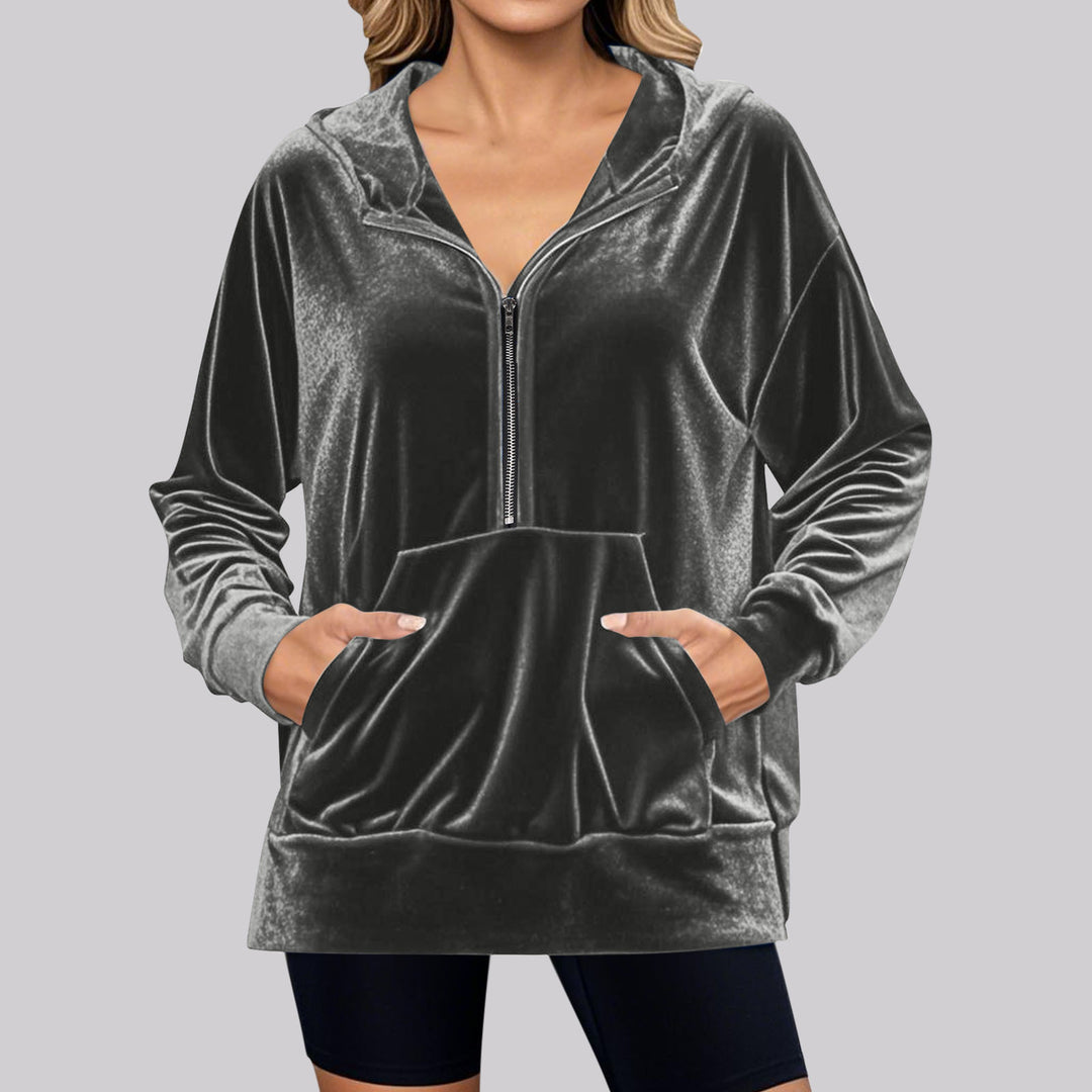 Velvet jumper for women with high collar and practical pockets Lune London
