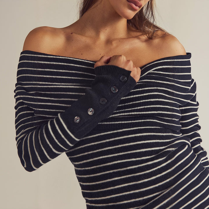 Off-the-shoulder sweater for women with a modern striped pattern and chic button details