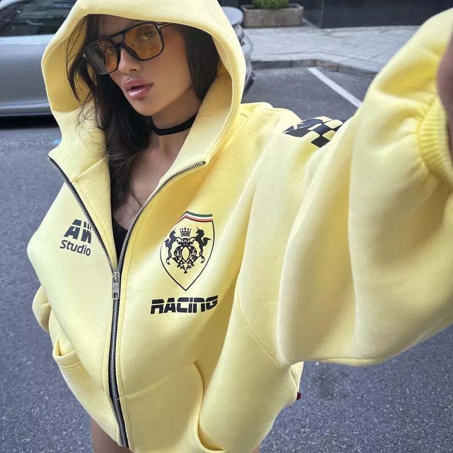 Oversized hoodie jacket for women with graphic running design Lune London