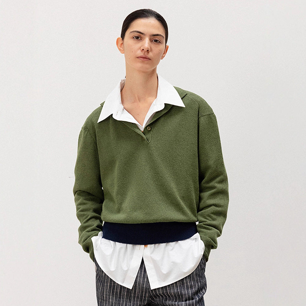 Femme pull en tricot décontracté avec col polo et ourlet contrastant Chic & Stil
