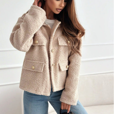 Ladies Plush Fleece Jacket with Decorative Pockets and Golden Buttons Lune London