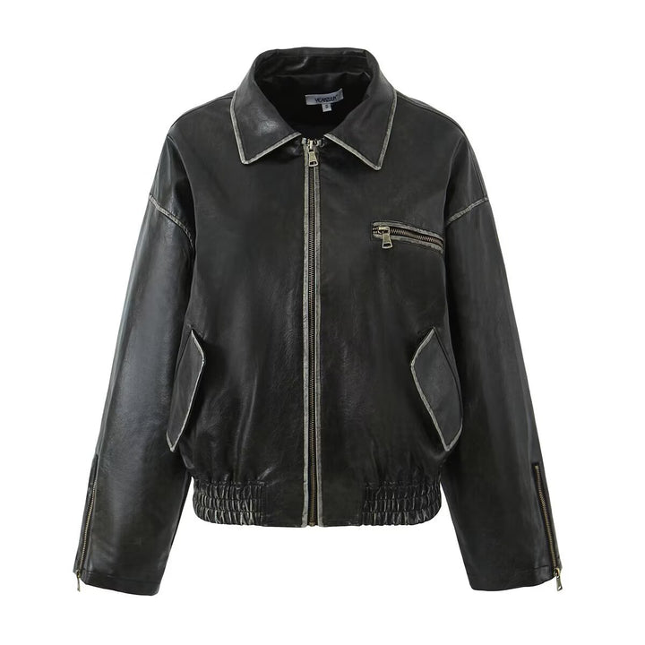 Leather jacket for ladies with a modern design featuring practical zippered pockets Lune London