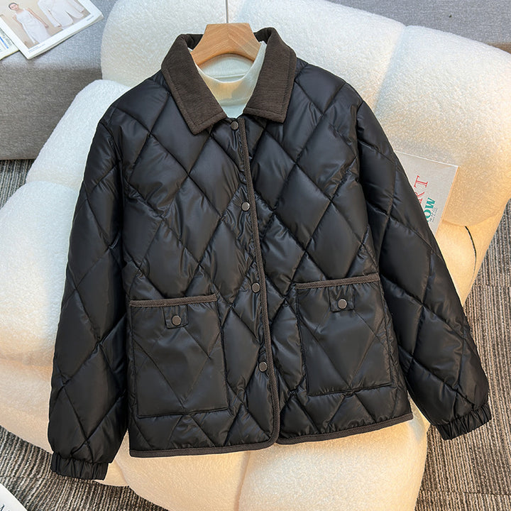 Ladies quilted jacket slightly insulated with contrasting collar and practical pockets Lune London