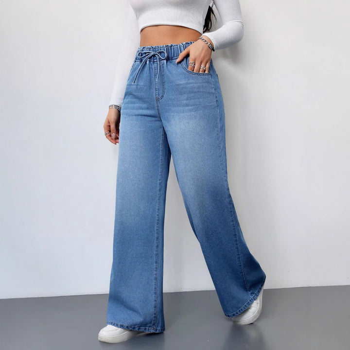 Women's Wide Cut Denim Pants with Elastic Waistband and Practical Pockets