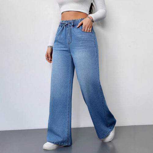 Women's Wide Cut Denim Pants with Elastic Waistband and Practical Pockets