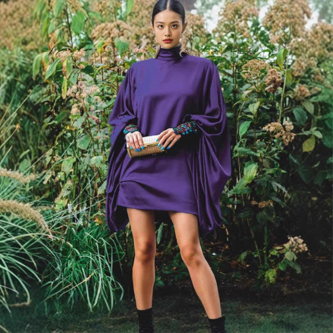 Oversized mini dress for women with voluminous sleeves and an elegant high collar Lune London