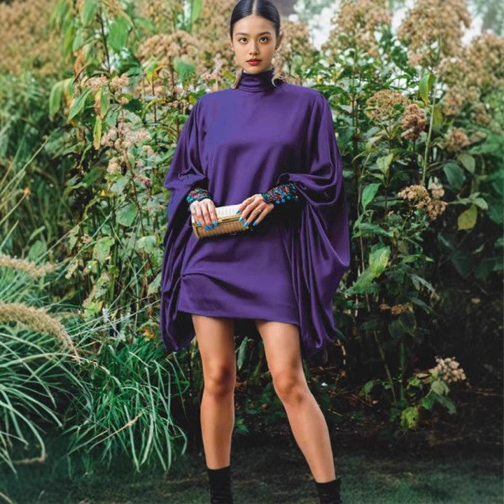 Oversized mini dress for women with voluminous sleeves and an elegant high collar Lune London