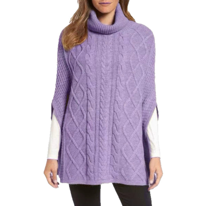 Knitted poncho for women with high collar and classic cable knit pattern Lune London
