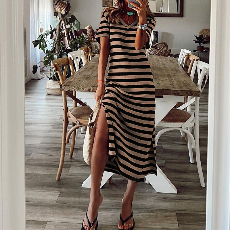 Maxi dress for women with a deep side slit and a trendy striped pattern Lune London