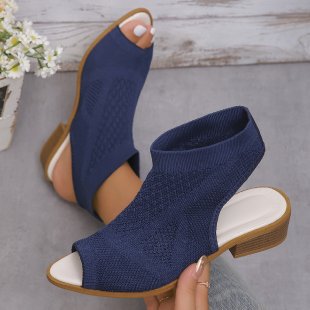 Ladies Open Mules with Knitted Design and Retro Block Heel Lune London
