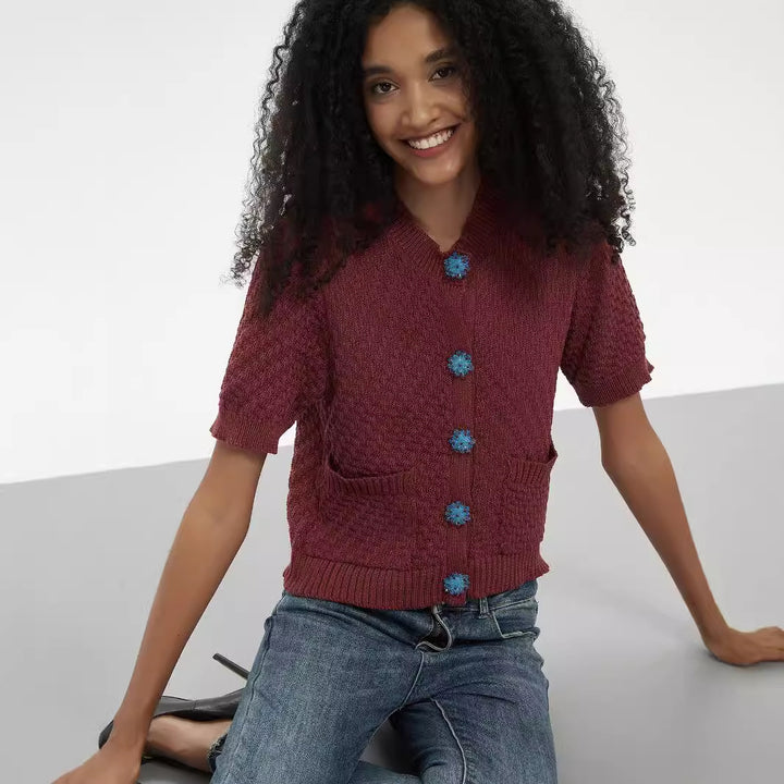Knit jacket for women with an elaborate textured pattern and decorative buttons Lune London