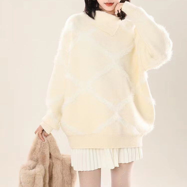 Ladies Large knitted sweater with geometric pattern and high collar Lune London