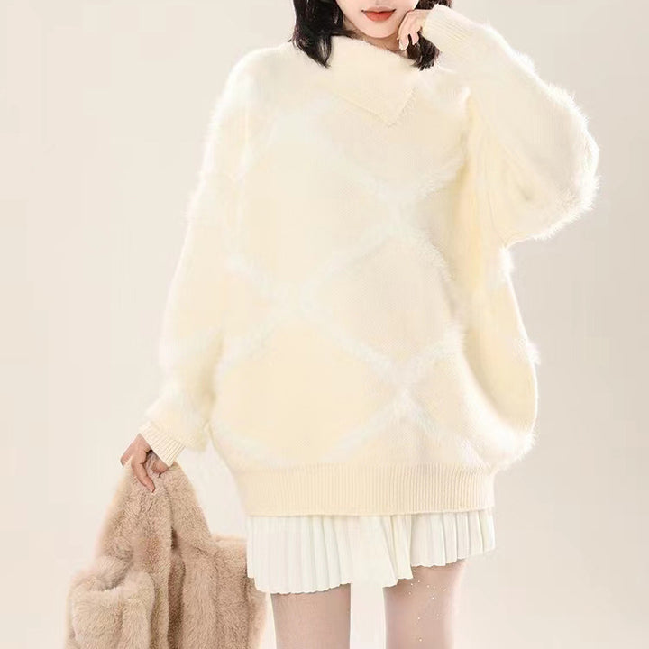 Ladies Large knitted sweater with geometric pattern and high collar Lune London