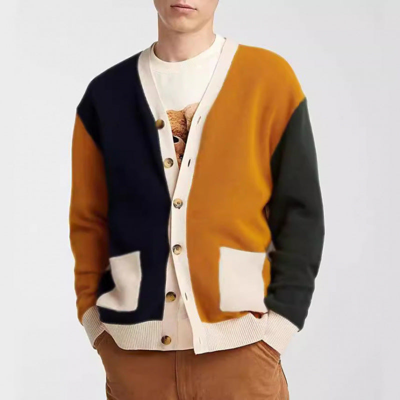 Men's knitted cardigan with modern color block details and practical pockets Lune London