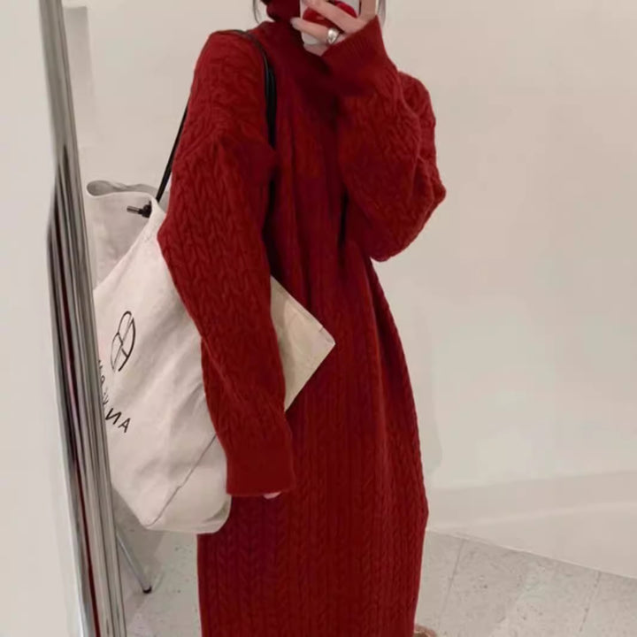 Knit dress for women with high collar and modern cable pattern Lune London