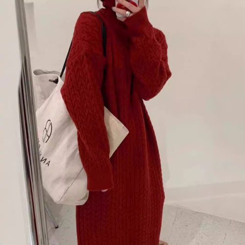 Knit dress for women with high collar and modern cable pattern Lune London